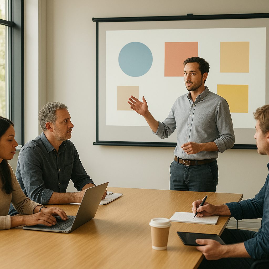 Petit groupe en atelier autour d'une table, ordinateurs ouverts sur un outil d'emailing